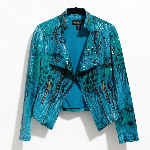 Frank Lyman Design Turquoise Python Snake Print Open Front Moto Jacket Gold Zips - Picture 4 of 14